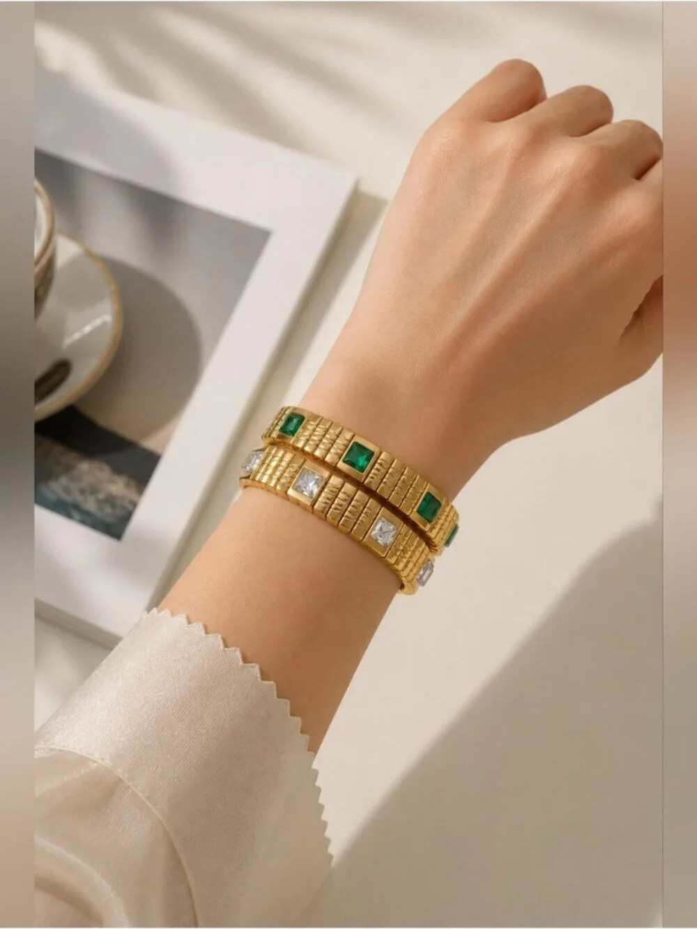 Gold-Tone Bracelet with Green Gemstones